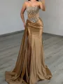 Splendiferous Sheath Straight Pleated Sweep Train Silk Like Satin Corset Prom Dress