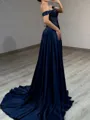 Fashion-forward A-Line Off-the-Shoulder Ruffles Sweep Train Silk Like Satin Corset Prom Dress