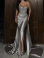 Stunning Sheath Sweetheart Sequin Sweep Train Silk Like Satin Corset Prom Dress