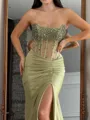 Trendy Sheath Straight Beading Sweep Train Corset Prom Dress