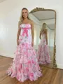 Enchanting Sheath Straight Cascading Ruffles Sweep Train Corset Prom Dress