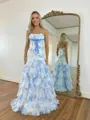 Breathtaking Sheath Straight Cascading Ruffles Sweep Train Corset Prom Dress