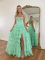 Captivating A-Line Sweetheart Cascading Ruffles Sweep Train Chiffon Corset Prom Dress