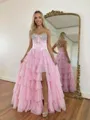 Captivating A-Line Sweetheart Cascading Ruffles Sweep Train Chiffon Corset Prom Dress