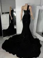 Elegant Mermaid Halter Beading Chapel Train Velvet Sequins Corset Prom Dress