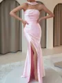 Graceful Sheath Straight Pleated Sweep Train Silk Like Satin Corset Prom Dress