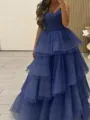 Unique A-Line Sweetheart Cascading Ruffles Floor-Length Tulle Corset Prom Dress
