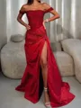 Hermosos Sheath Off-the-Shoulder Pleated Sweep Train Silk Like Satin Corset Prom Dress