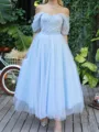 Charming A-Line Off-the-Shoulder Rhinestone Ankle-Length Tulle Prom Dress