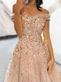 Elegant A-Line Off-the-Shoulder Sequin Floor-Length Tulle Corset Prom Dress