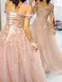 Elegant A-Line Off-the-Shoulder Sequin Floor-Length Tulle Corset Prom Dress