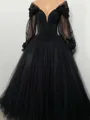 Stunning A-Line V-Neck Long Sleeves Flower Chapel Train Tulle Corset Prom Dress