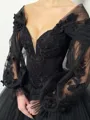 Stunning A-Line V-Neck Long Sleeves Flower Chapel Train Tulle Corset Prom Dress