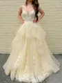 Grand A-Line Spaghetti Straps Appliques Lace Floor-Length Tulle Corset Prom Dress