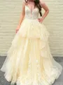 Grand A-Line Spaghetti Straps Appliques Lace Floor-Length Tulle Corset Prom Dress