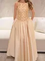 Hermosos A-Line Straight Sequin Floor-Length Satin Corset Prom Dress