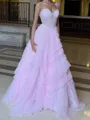Fashion A-Line Spaghetti Straps Cascading Ruffles Sweep Train Tulle Corset Prom Dress