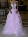 Fashion A-Line Spaghetti Straps Cascading Ruffles Sweep Train Tulle Corset Prom Dress