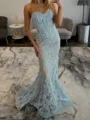 Glam Mermaid Sweetheart Appliques Lace Sweep Train Lace Corset Prom Dress