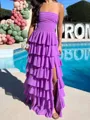 Stunning A-Line Straight Cascading Ruffles Floor-Length Chiffon Corset Prom Dress