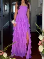 Stunning A-Line Straight Cascading Ruffles Floor-Length Chiffon Corset Prom Dress