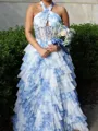 Hermosos A-Line Halter Cascading Ruffles Sweep Train Corset Prom Dress