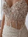 Trendy Sheath Sweetheart Rhinestone Sweep Train Tulle Prom Dress