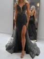 Glam Sheath V-Neck Appliques Lace Court Train Tulle Corset Prom Dress