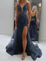 Glam Sheath V-Neck Appliques Lace Court Train Tulle Corset Prom Dress