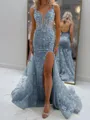 Glam Sheath V-Neck Appliques Lace Court Train Tulle Corset Prom Dress
