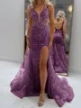 Glam Sheath V-Neck Appliques Lace Court Train Tulle Corset Prom Dress