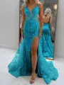 Glam Sheath V-Neck Appliques Lace Court Train Tulle Corset Prom Dress