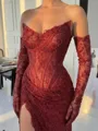 Delicate Sheath V-Neck Appliques Lace Sweep Train Lace Corset Prom Dress