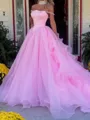 Elegant A-Line Off-the-Shoulder Ruffles Cathedral Train Tulle Corset Prom Dress