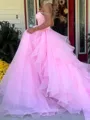 Elegant A-Line Off-the-Shoulder Ruffles Cathedral Train Tulle Corset Prom Dress