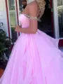 Elegant A-Line Off-the-Shoulder Ruffles Cathedral Train Tulle Corset Prom Dress