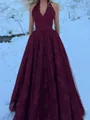 Splendid A-Line Halter Appliques Lace Floor-Length Tulle Corset Prom Dress