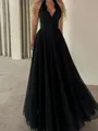 Grand A-Line Halter Appliques Lace Floor-Length Satin Corset Prom Dress
