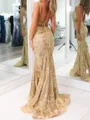 Striking Sheath Spaghetti Straps Appliques Lace Sweep Train Silk Like Satin Corset Prom Dress