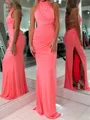 Aristocratic Sheath High Neck Pleated Court Train Jersey Prom Dress