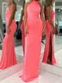 Aristocratic Sheath High Neck Pleated Court Train Jersey Prom Dress