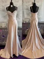 Hermosos Sheath Spaghetti Straps Beading Court Train Jersey Corset Prom Dress