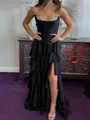 Trendy A-Line Sweetheart Cascading Ruffles Sweep Train Silk Like Satin Corset Prom Dress