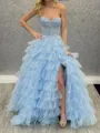 Hot A-Line Sweetheart Cascading Ruffles Floor-Length Tulle Corset Prom Dress