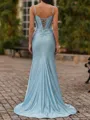 Glamorous Sheath Spaghetti Straps Pleated Sweep Train Corset Prom Dress
