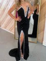 Gorgeous Sheath V-Neck Beading Sweep Train Velvet Sequins Prom Dress