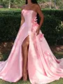 Glam A-Line Straight Flower Chapel Train Satin Corset Prom Dress