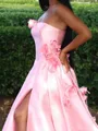 Glam A-Line Straight Flower Chapel Train Satin Corset Prom Dress