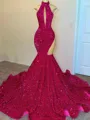 Unique Mermaid High Neck Sequin Sweep Train Velvet Sequins Prom Dress