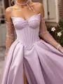 Stunning A-Line Sweetheart Ruffles Chapel Train Satin Corset Prom Dress